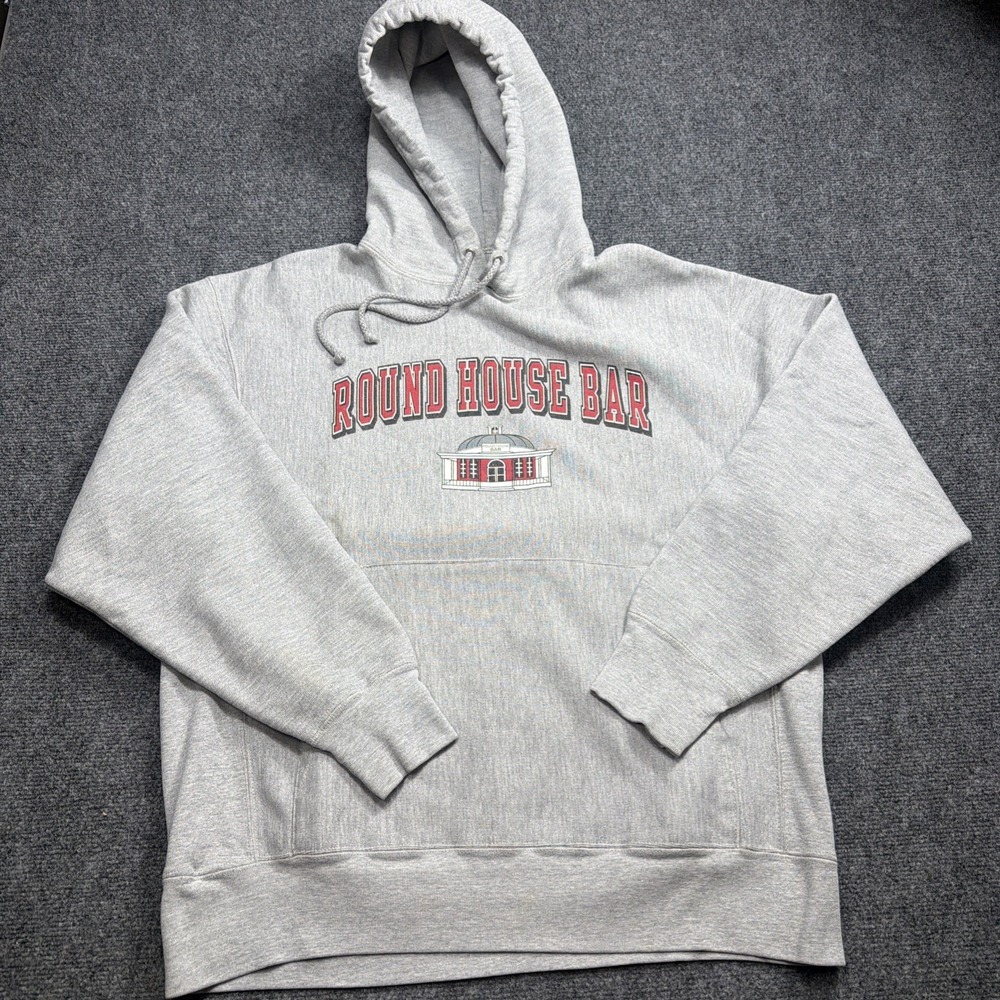 VTG 90s Champion Reverse Weave Hoodie Large Gray Sweatshirt ROUND HOUSE BAR Ohio